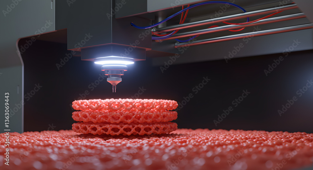Poster 3d printing precision: a close-up showcases a 3d printer meticulously crafting a complex, red lattic