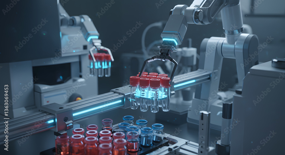 Poster robotic precision: cutting-edge robots in a state-of-the-art laboratory meticulously handle vials of