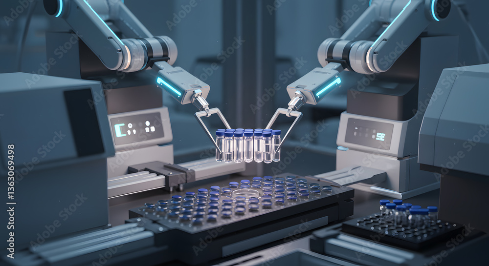 Aufkleber robotic precision in the lab: cutting-edge robotic arms meticulously handling vials in a sterile lab