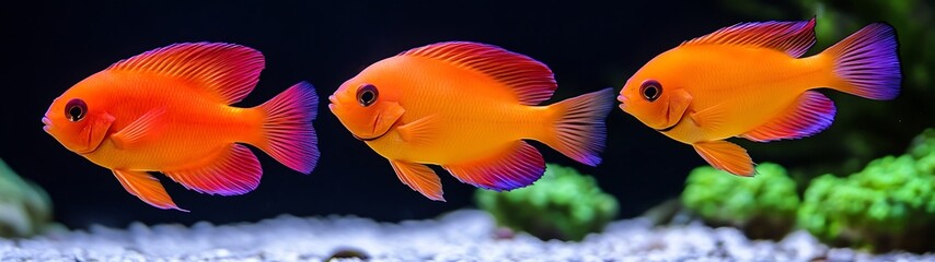 Three vibrant orange fish with purple fins in an aquarium