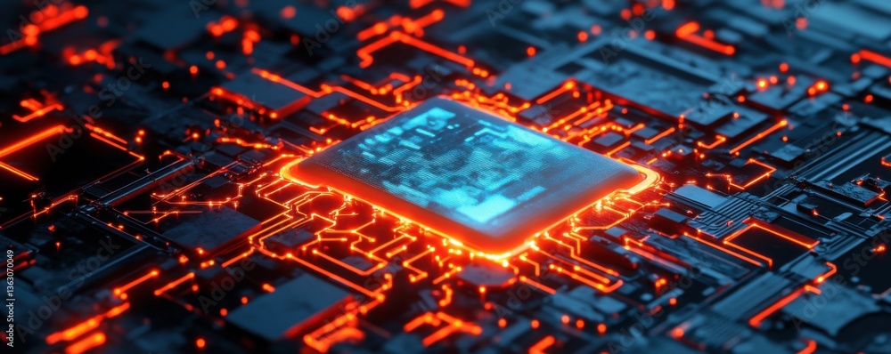 Poster a close-up view of a glowing microchip amidst intricate circuit patterns, showcasing the beauty of t