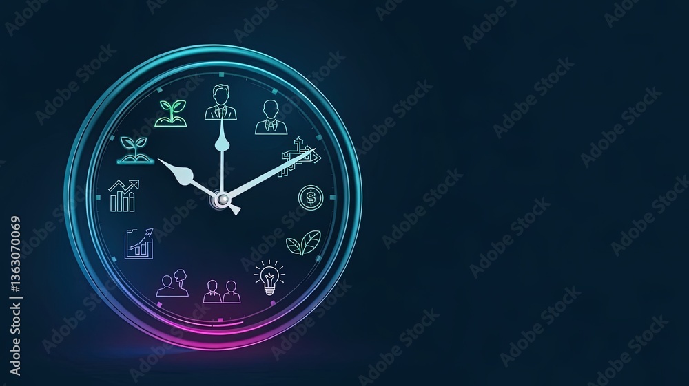 Poster time management clock: a conceptual image with a glowing clock face displaying icons related to busi