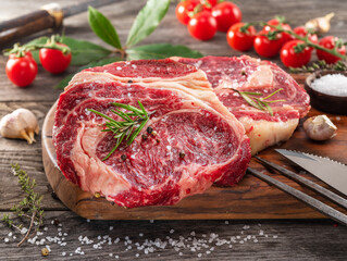 Raw beef steaks with herbs and spices ready for cooking are on wooden board.