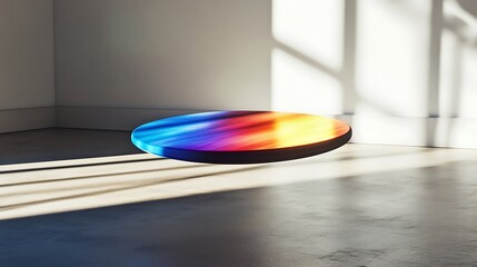 Futuristic Floating Disc with Vibrant Colors and Dramatic Shadows in a Minimalist Room
