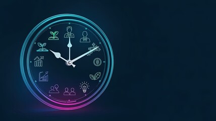 Time Management Clock: A conceptual image with a glowing clock face displaying icons related to business, finance, and personal growth, symbolizing time management and strategic planning