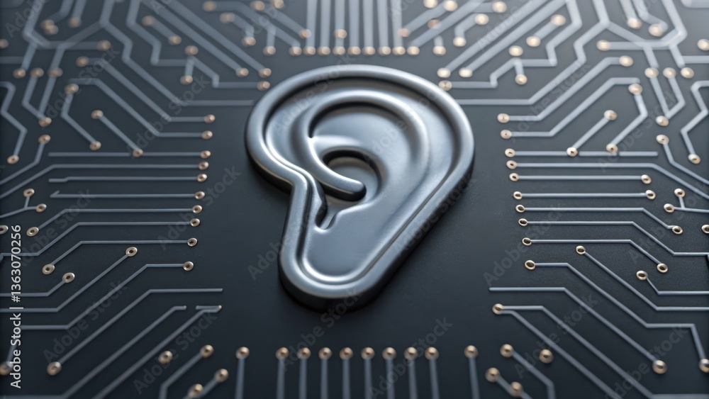 Aufkleber a digital ear icon with embedded circuits symbolizing technology and innovation.