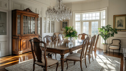 Fototapeta premium Dining Room with Crystal Chandelier, Wooden Furniture, and Natural Light