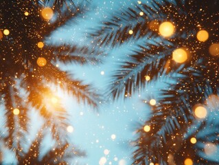 Fototapeta premium Festive palm fronds with bokeh lights creating a magical holiday atmosphere and a dreamy winter feel