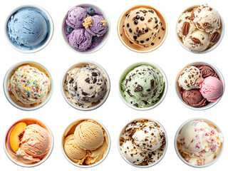 A Colorful Array of Delicious Ice Cream Flavors in White Cups Perfect for Dessert Lovers and Summertime Treats. Piquant food set.