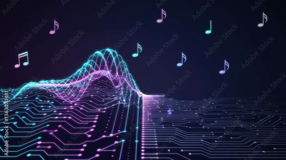 Poster digital symphony: a visualization of sound waves intertwined with musical notes, representing the dy