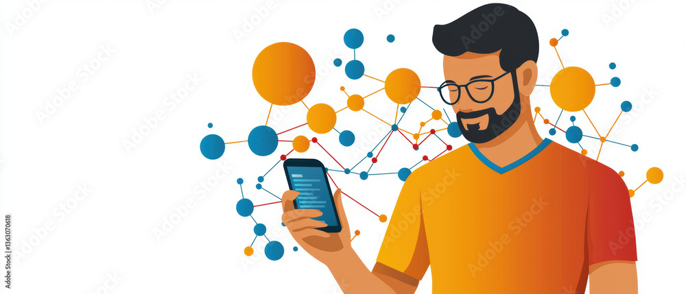 Poster digital marketer using smartphone, surrounded by colorful abstract shapes, represents modern technol