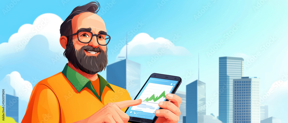 Poster digital marketer smiling while using smartphone to analyze data in cityscape. vibrant background adds positive vibe