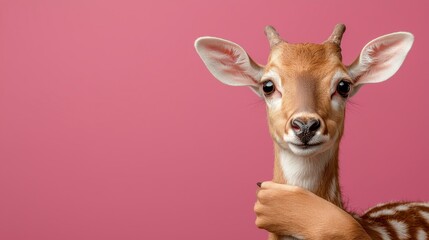 Closeup of a Young Deer with Antlers on Pink Background