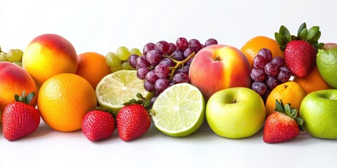 Fresh and Vibrant Display of Mixed Fruits Including Apples, Oranges, Grapes, Strawberries, and Limes on a White Background for Culinary Use