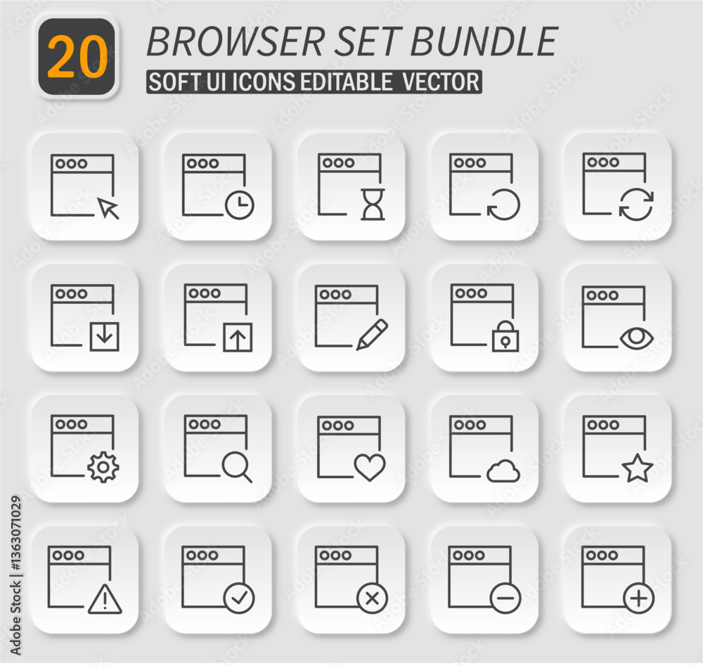 Poster neumorphism style browser and interface vector icons set bundle collection