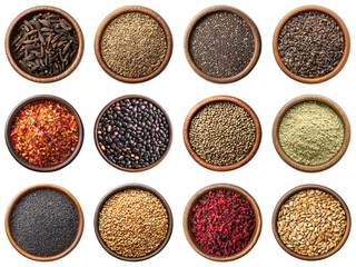 Assorted Spices and Seeds in Wooden Bowls for Culinary Inspiration and Flavor Enhancement in Cooking and Baking Activities. Piquant food set.