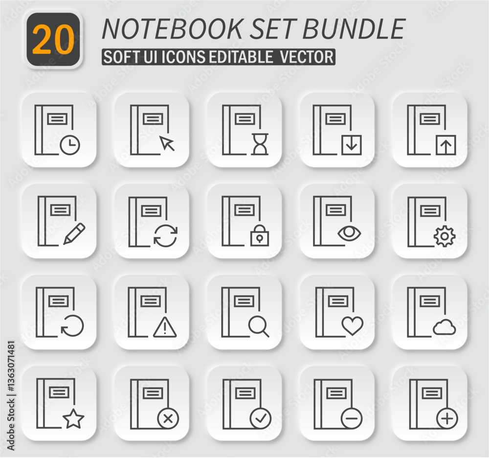 Poster comprehensive soft ui notebook icon collection with editable vector elements