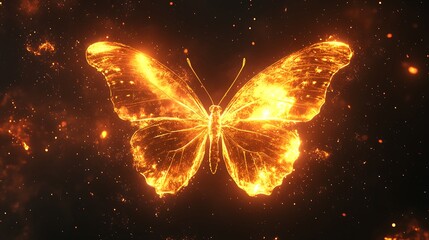 Glowing Fiery Butterfly with Radiant Wings and Sparkling Particles in a Cosmic Fantasy Scene