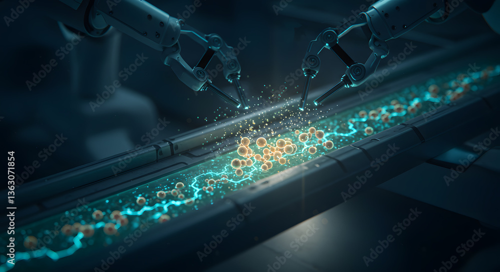 Poster robotics in scientific advancements: a futuristic depiction of robotic arms meticulously interacting