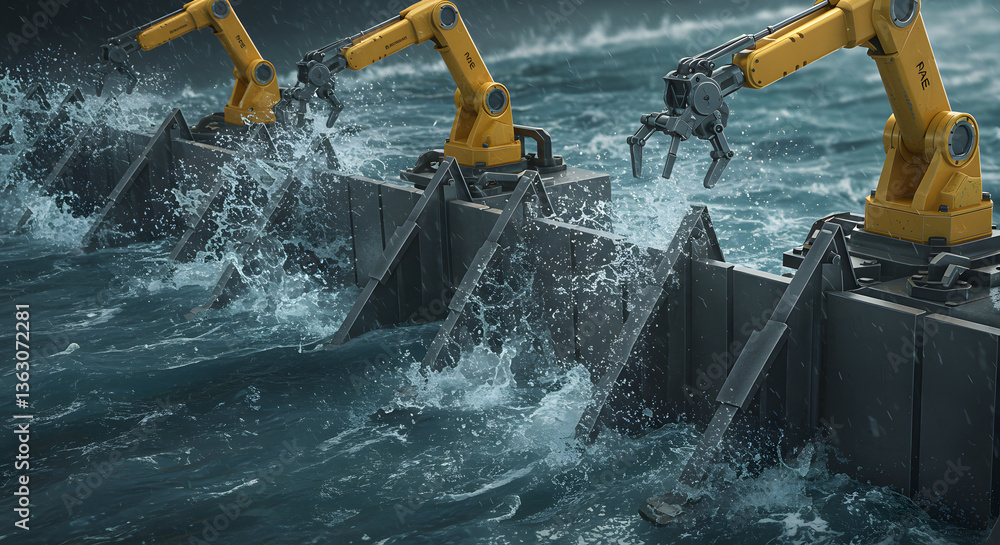 Poster robotic arms in action: advanced robotic arms working in a turbulent sea. capturing the power of inn