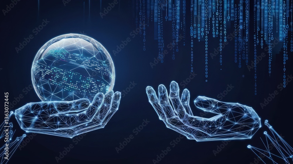 Poster digital embrace: futuristic hands cradle a glowing orb, symbolizing the boundless connectivity and i