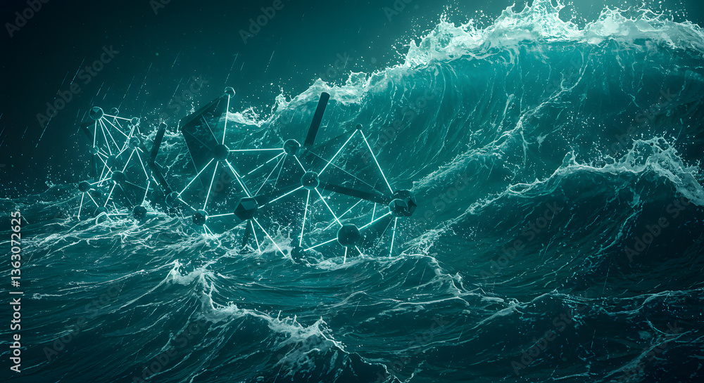 Poster digital wave: abstract digital artwork capturing the dynamic movement of water, where a network of g