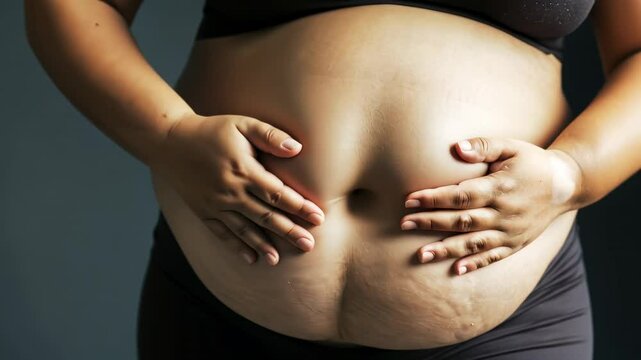 woman holds her belly with her hands, fat girl, plus size model, diet, weight loss, excess weight, skin folds, body, beauty, curvy, big, sports, fitness, obese