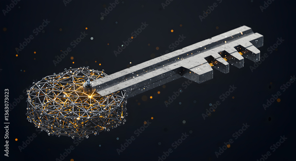 Poster digital key: an artistic representation of a digital key, a symbol of security and access. the key's