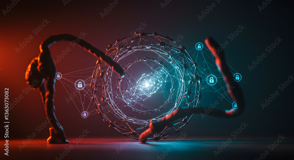 Poster digital guardian: futuristic digital artwork showcasing a glowing, interconnected network protecting