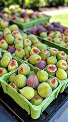 Abundance of Fresh Figs in Green Cartons at a Farmers Market Displaying Natural Beauty and Healthy Food Choices in Summer