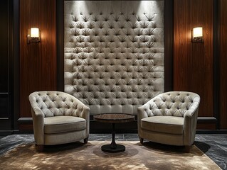  Two armchairs with tufted back wall and small table, elegant symmetry and warm lighting create sophisticated hotel lobby seating area