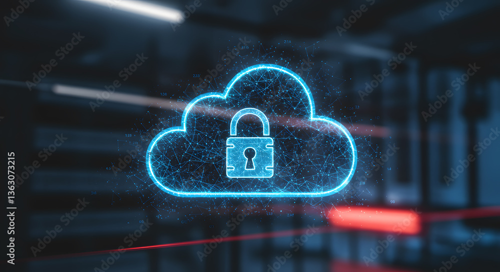 Poster secure cloud: a glowing cloud icon with a padlock symbolizes secure cloud storage and data protectio