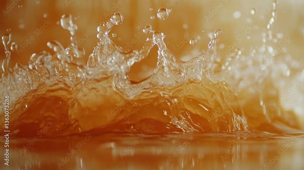 Poster dynamic splash of orange liquid creating captivating water droplets in a refreshing and vibrant comp