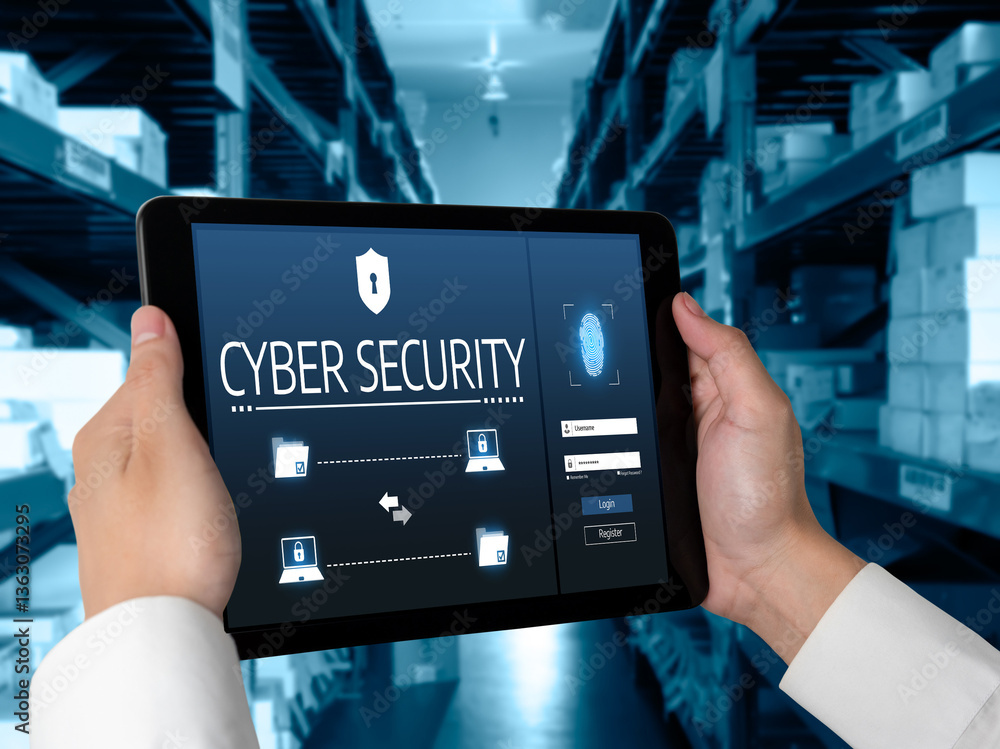 Poster cyber security system on computer screen protect private information snugly from hacker and cyber at