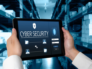 Cyber security system on computer screen protect private information snugly from hacker and cyber attack