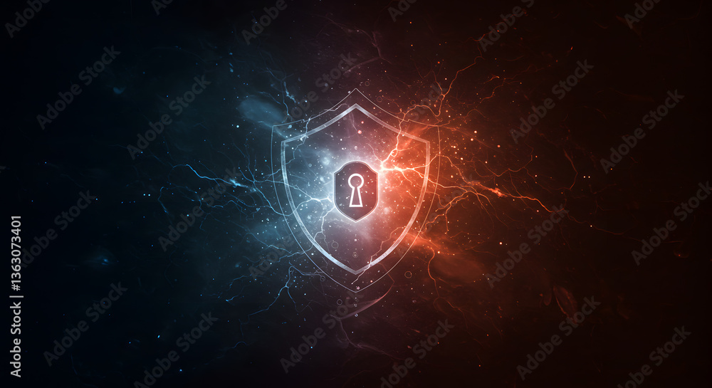 Poster digital security: a glowing shield with a keyhole symbol against a dynamic backdrop of electric ener