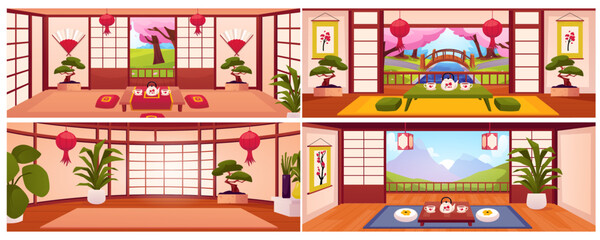 Japanese room interior vector flat illustrations set, Sakura blossom tree or mountains garden view, Asian tea ceremony