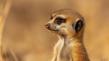 Fototapeta premium Close-up of a young meerkat, its fur a blend of golden and brown hues, gazing intently to the side against a blurred earthy background.
