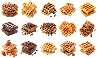 Delicious Assorted Waffles with Various Toppings and Textures Ideal for Breakfast, Desserts, and Food Photography Featuring Chocolate and Fruits. Piquant food set.