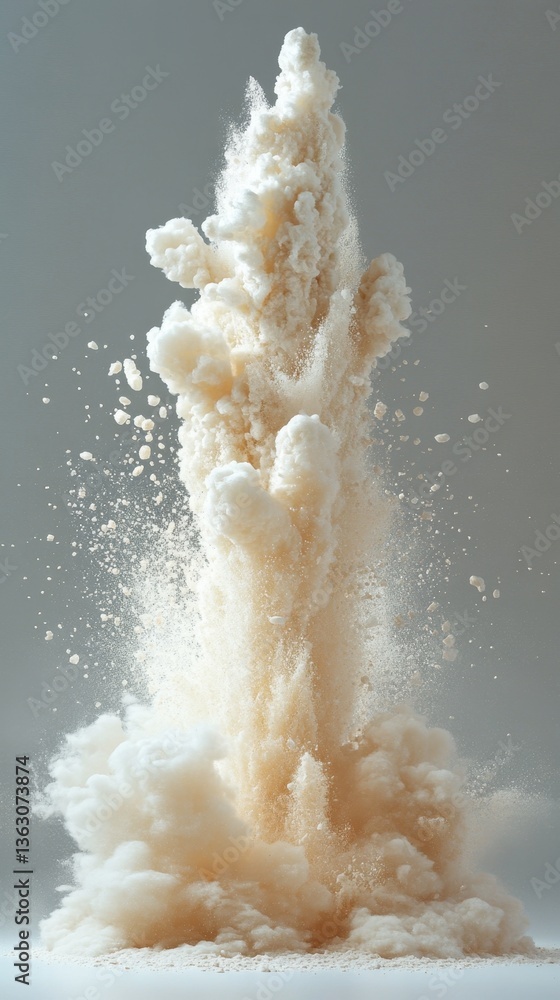 Poster ethereal flour cloud bursting upward against a soft gray backdrop in a captivating studio shot for c