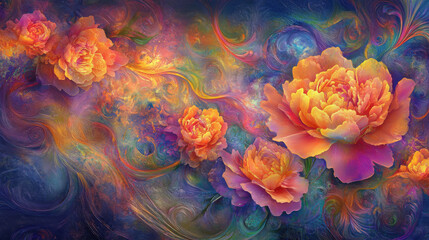 A stunning arrangement of colorful, swirling flowers in an abstract, dream-like style, isolated on a transparent background.