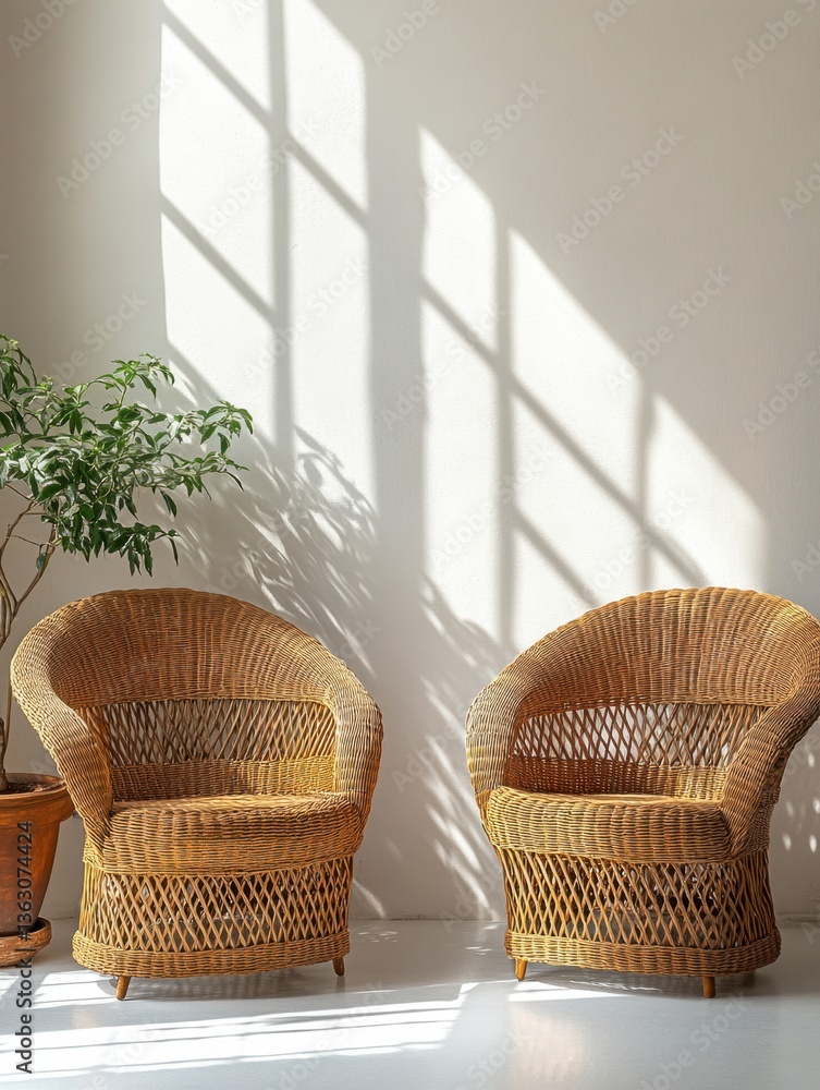Poster two wicker chairs in bright sunlight casting window shadows on a white wall creating a calm and sere