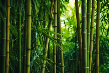 Obraz premium Lush green bamboo forest with sunlight filtering through the dense foliage, creating a serene atmosphere