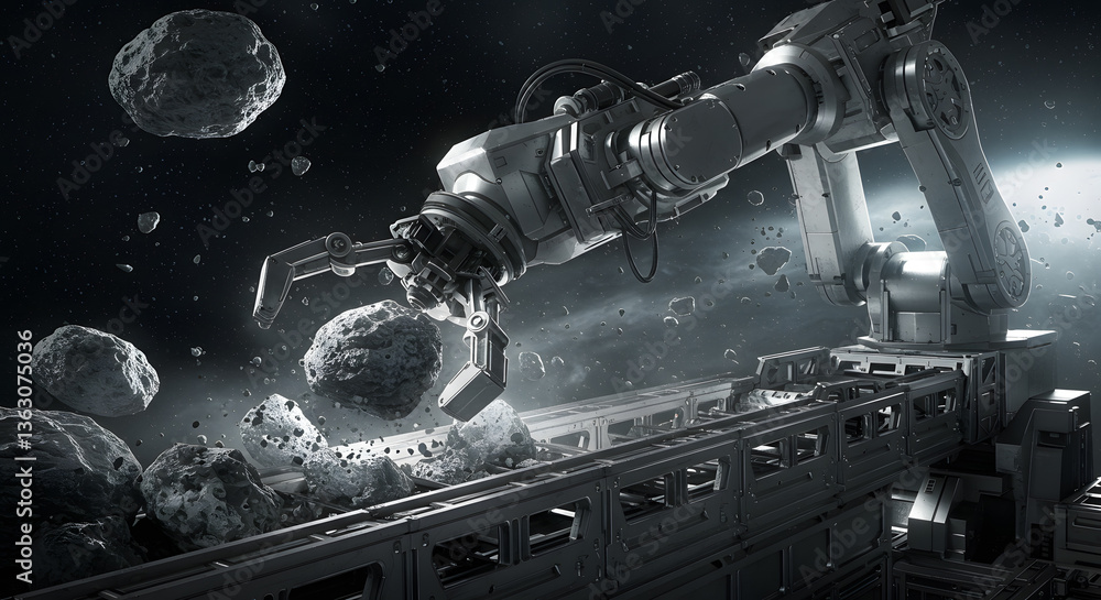 Poster robotic asteroid mining: a futuristic robotic arm delicately extracts precious resources from astero