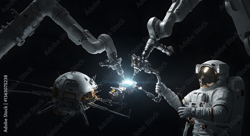 Poster astronauts and robots in space: futuristic scene where a spaceman and robots are interacting and coo
