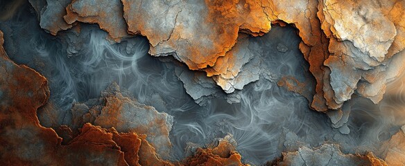 Naklejka premium Abstract textured layers of cracked earth in orange and gray with dynamic swirling patterns