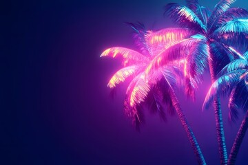 Naklejka premium Vibrant neon-lit palm trees against a dark background, creating a tropical and energetic atmosphere