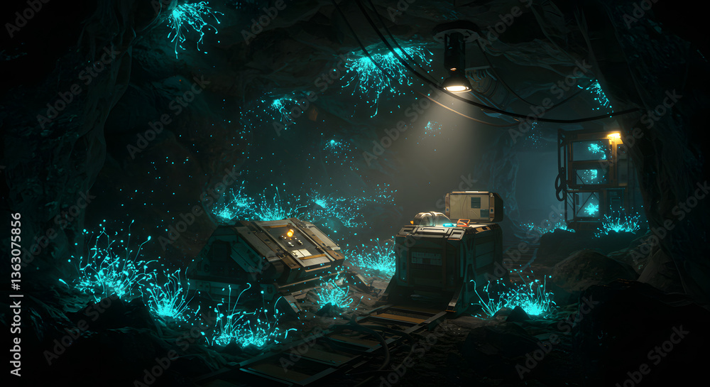 Poster illuminated underground lab: inside a subterranean lab illuminated by otherworldly glowing flora and