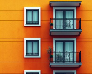 Fototapeta premium Vibrant orange building facade with balconies and window plants in urban setting