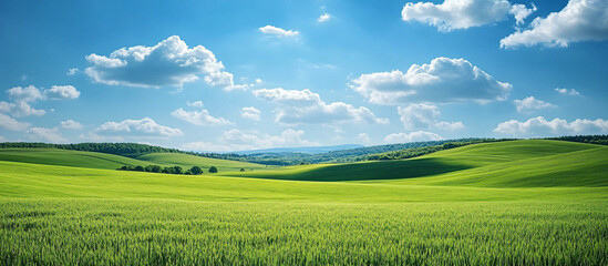 Obraz premium Idyllic summer meadow in Ukraine with vibrant green grass and clear blue sky, perfect for nature-themed designs, travel brochures, or seasonal promotions.